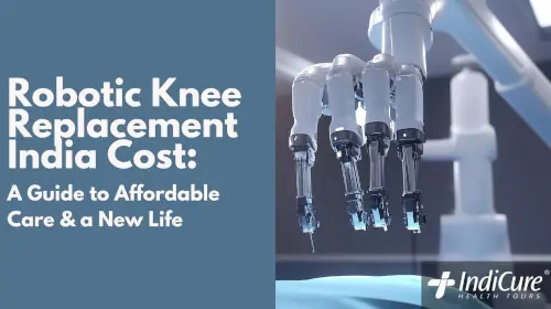 An image showing a robotic arm in a modern operating room, with a text at the left-hand side that reads 'ROBOTIC KNEE REPLACEMENT INDIA COST: A Patient's Guide to Surgeons & a New Life.'